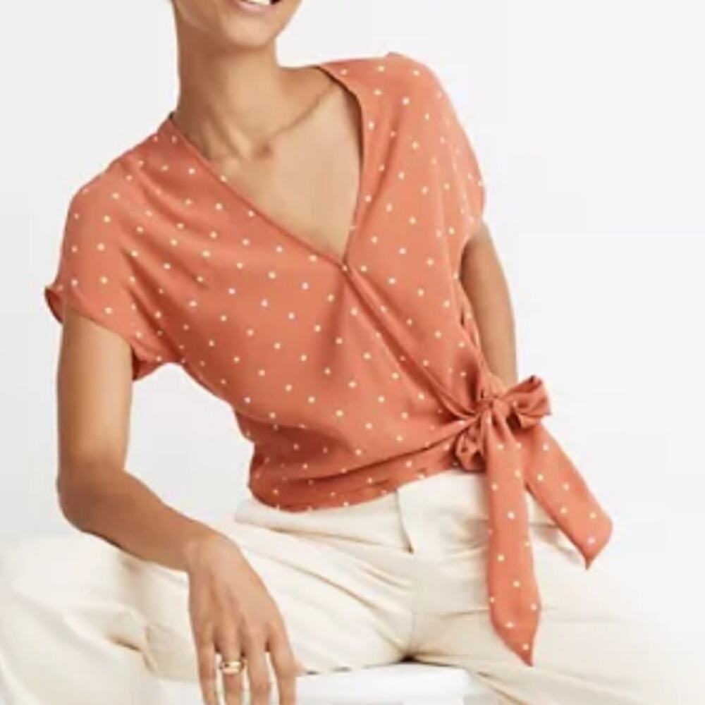 NWT MADEWELL Sash-Tie Wrap Top Blouse in Polka Dot Peach & white size xs - Picture 7 of 7